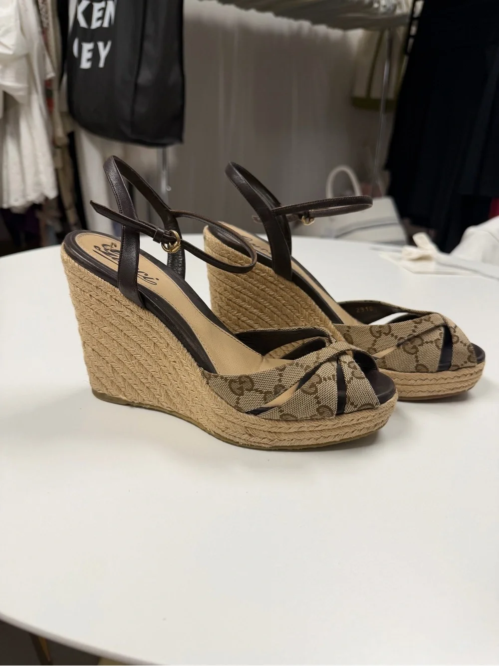 Gucci Beige/Brown Monogram Espadrille Wedge Sandals